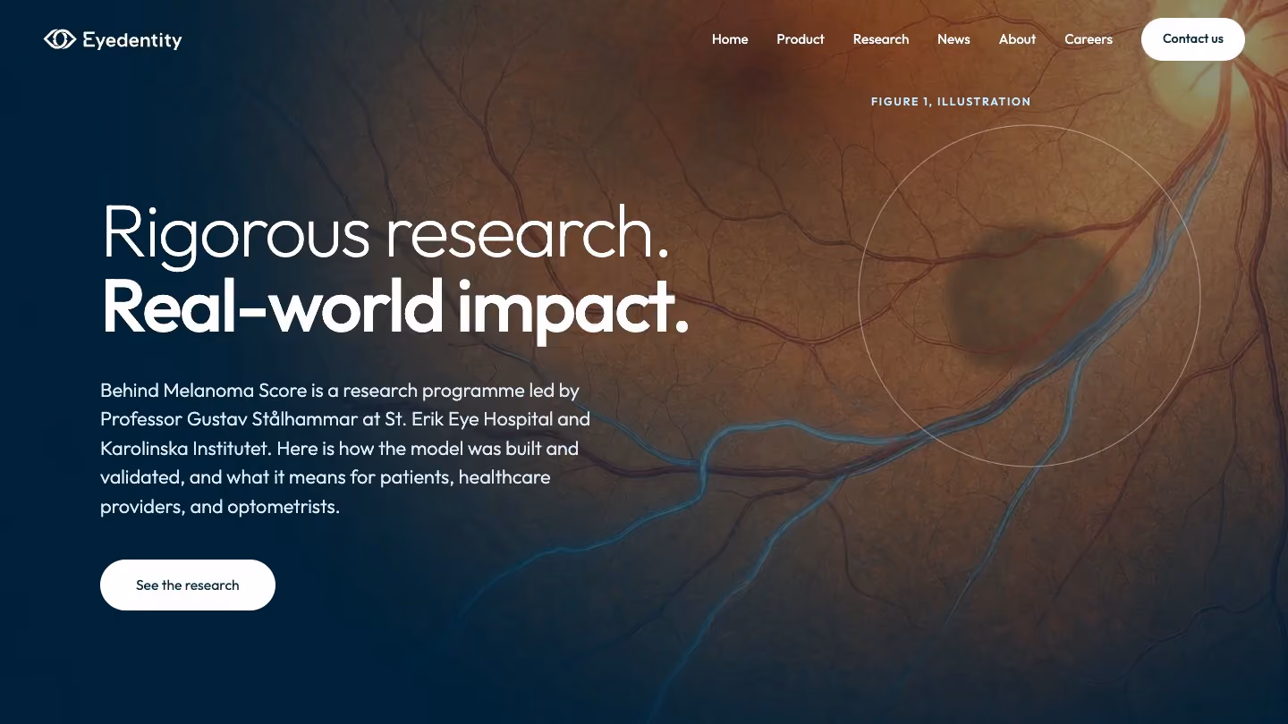 Eyedentitys researchsida i en webbläsare, en näthinna i närbild bakom rubriken Rigorous research. Real-world impact.